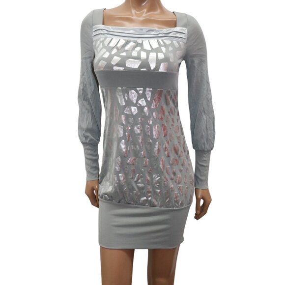 Y2K DKNY Silver Geometric Long Sleeve Mini Dress S - Picture 3 of 7